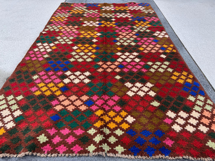4x6 Handmade Vintage Afghan Baluch Rug | Chocolate Brown Rust Red Cream White Mustard Yellow Olive Green Pink Blue Peach | Wool Flatwoven