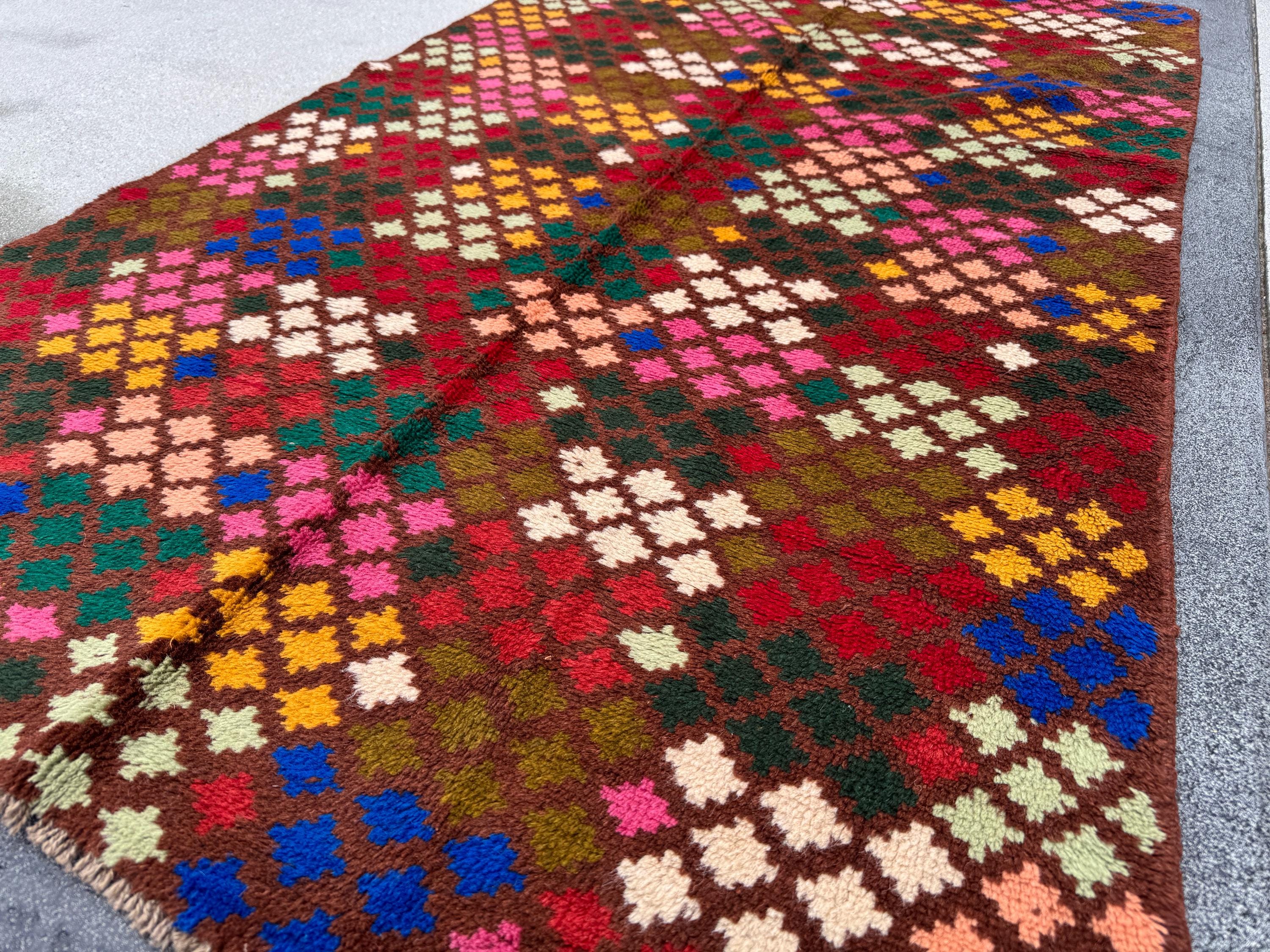 4x6 Handmade Vintage Afghan Baluch Rug | Chocolate Brown Rust Red Cream White Mustard Yellow Olive Green Pink Blue Peach | Wool Flatwoven