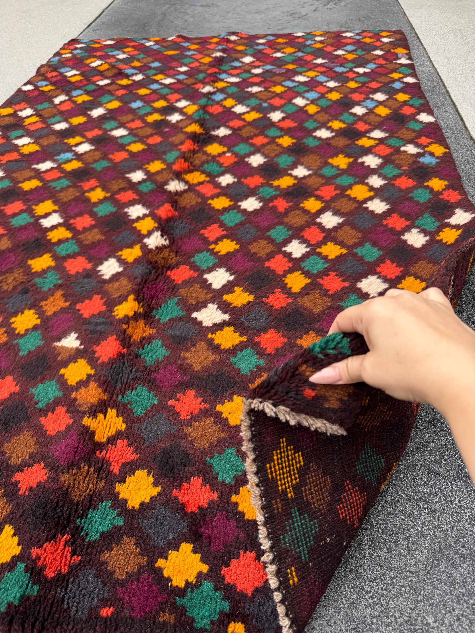 4x6 Handmade Vintage Afghan Baluch Rug | Chocolate Brown Rust Red Burnt Orange Mustard Yellow Cream White Olive Green Teal Purple | Wool