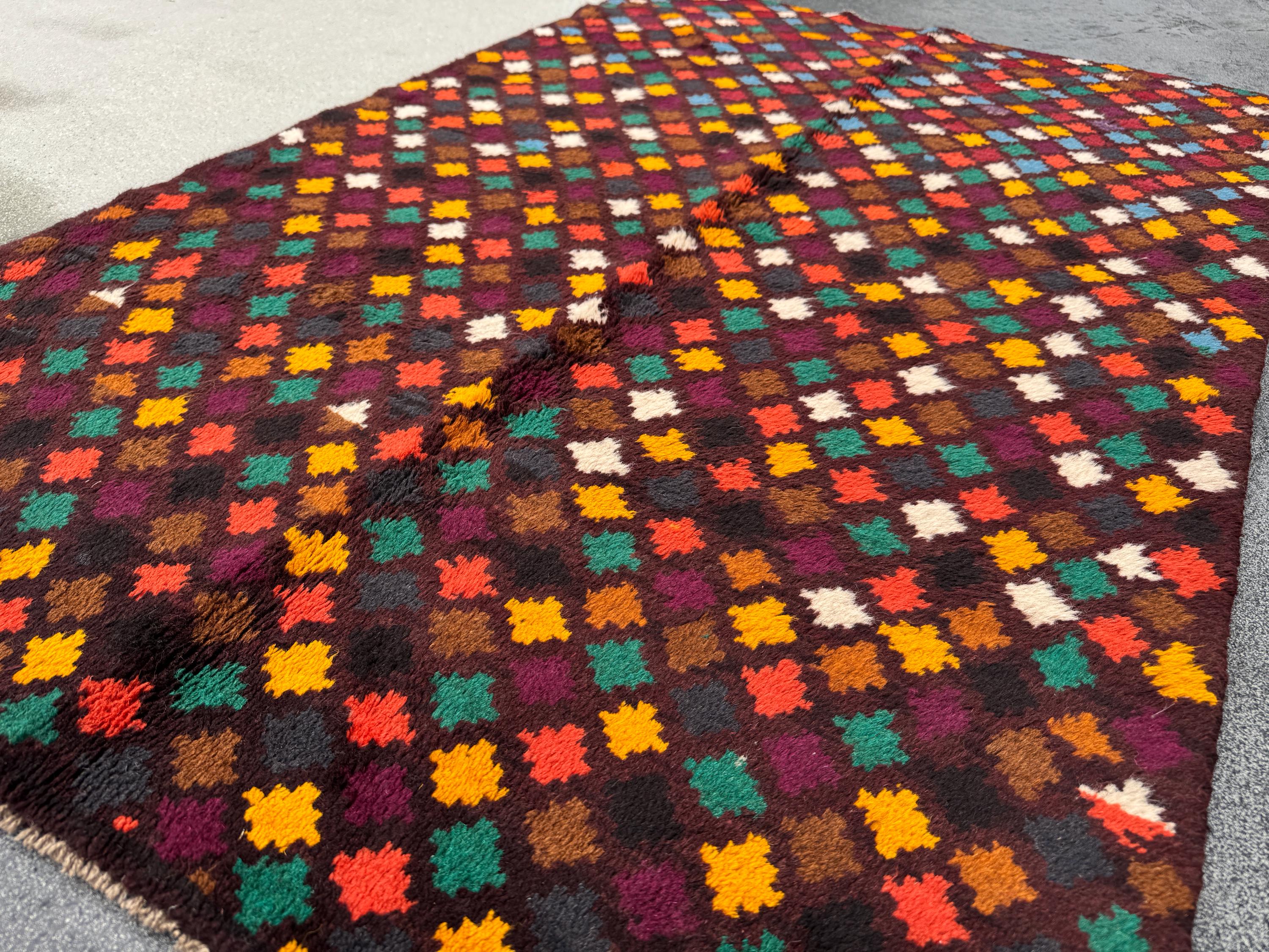 4x6 Handmade Vintage Afghan Baluch Rug | Chocolate Brown Rust Red Burnt Orange Mustard Yellow Cream White Olive Green Teal Purple | Wool