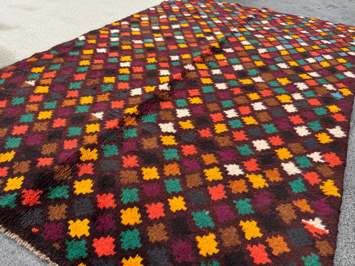 4x6 Handmade Vintage Afghan Baluch Rug | Chocolate Brown Rust Red Burnt Orange Mustard Yellow Cream White Olive Green Teal Purple | Wool