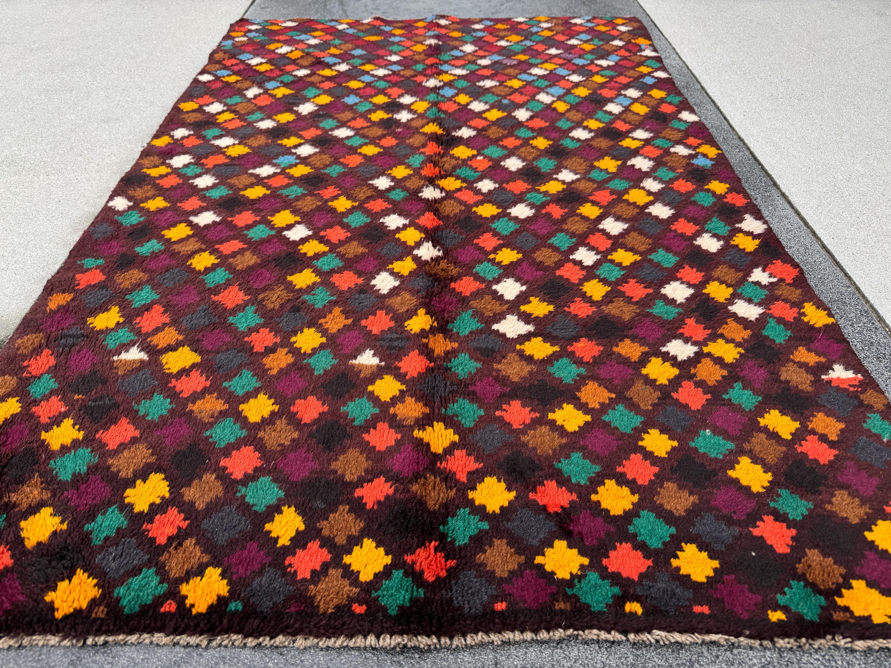 4x6 Handmade Vintage Afghan Baluch Rug | Chocolate Brown Rust Red Burnt Orange Mustard Yellow Cream White Olive Green Teal Purple | Wool