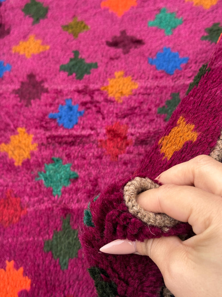 4x6 Handmade Vintage Afghan Baluch Rug | Magenta Purple Rust Red Burnt Orange Mustard Yellow Olive Green Aqua Blue Teal | Wool Flatwoven