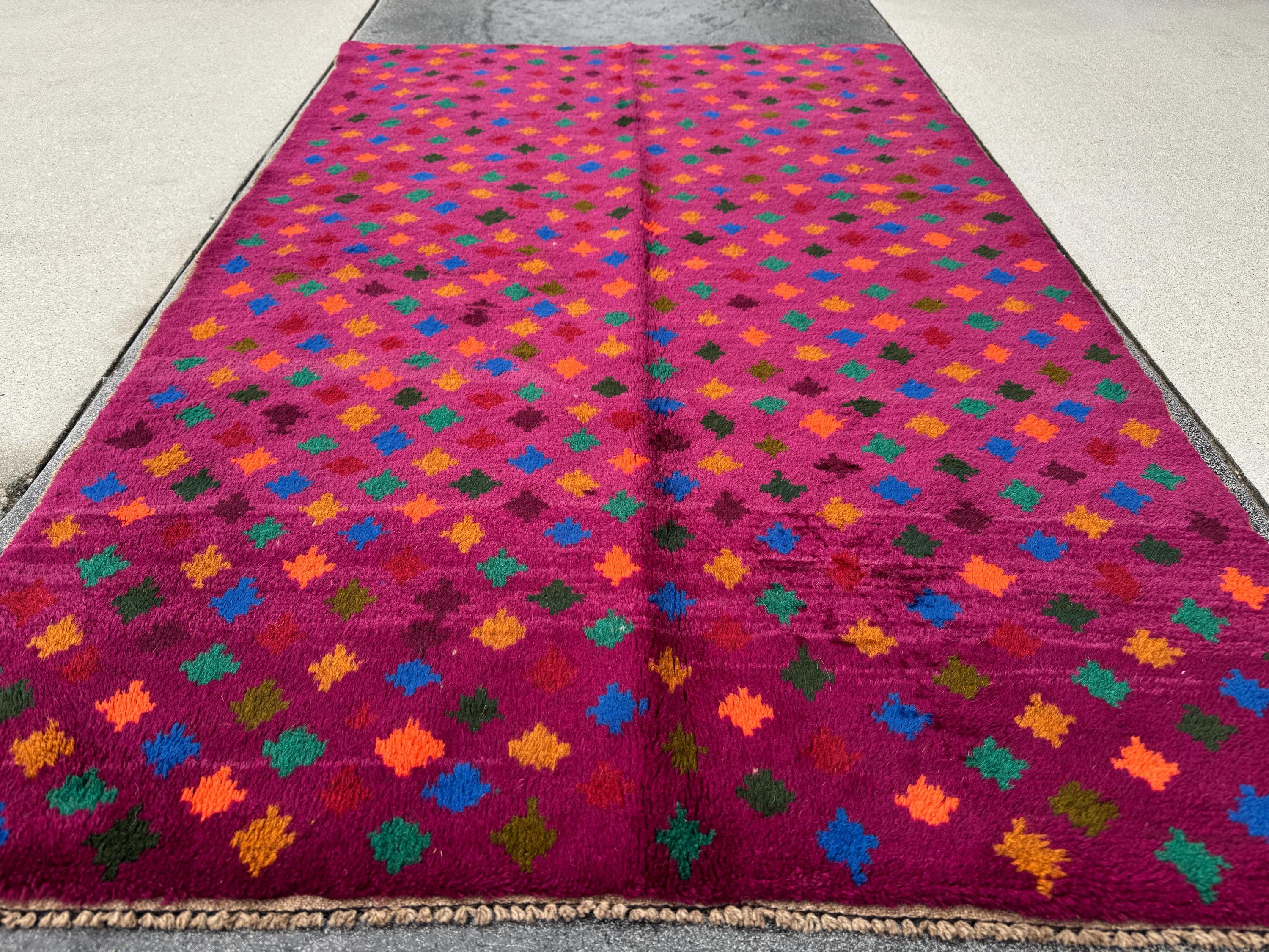 4x6 Handmade Vintage Afghan Baluch Rug | Magenta Purple Rust Red Burnt Orange Mustard Yellow Olive Green Aqua Blue Teal | Wool Flatwoven