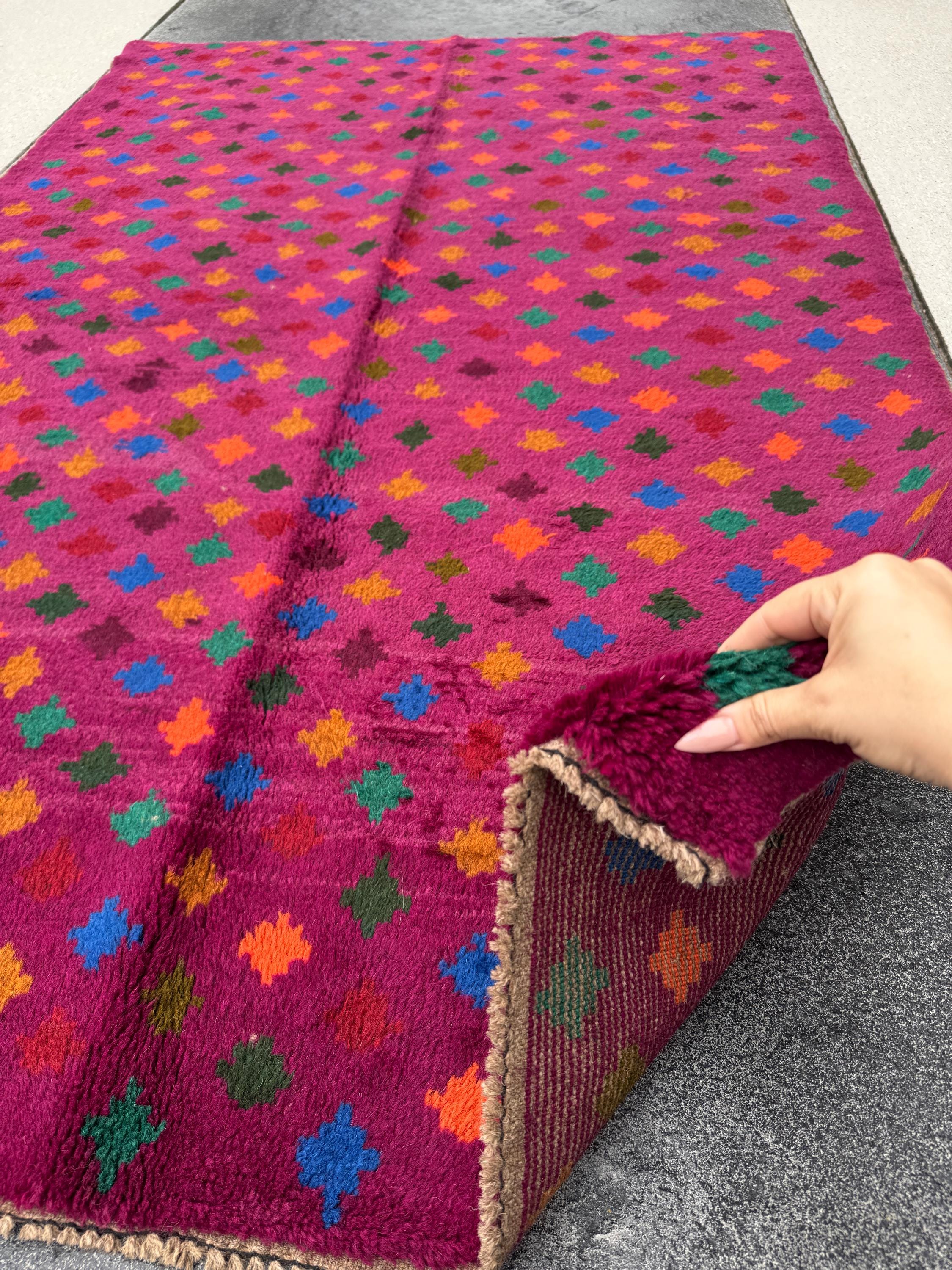 4x6 Handmade Vintage Afghan Baluch Rug | Magenta Purple Rust Red Burnt Orange Mustard Yellow Olive Green Aqua Blue Teal | Wool Flatwoven