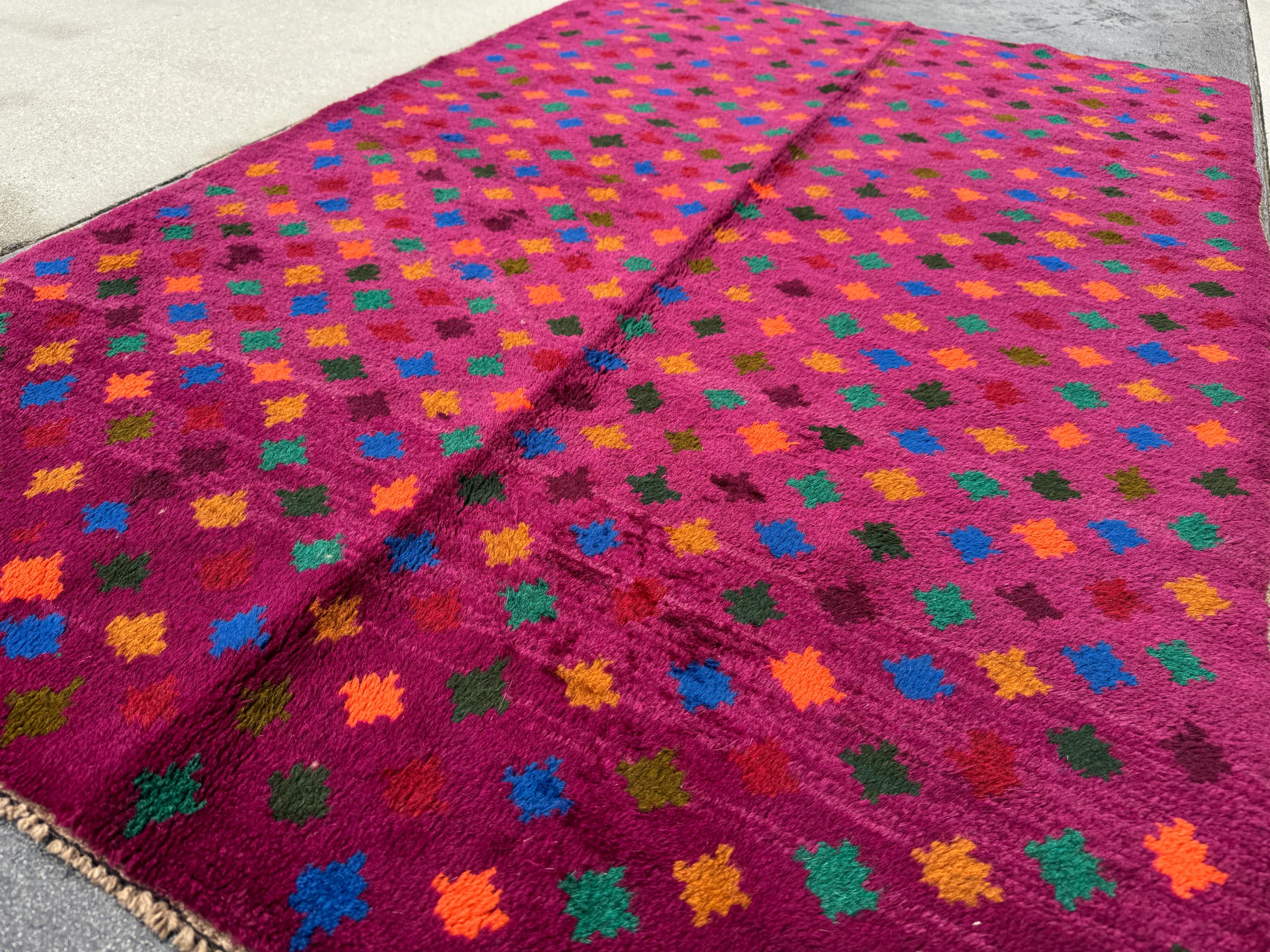 4x6 Handmade Vintage Afghan Baluch Rug | Magenta Purple Rust Red Burnt Orange Mustard Yellow Olive Green Aqua Blue Teal | Wool Flatwoven