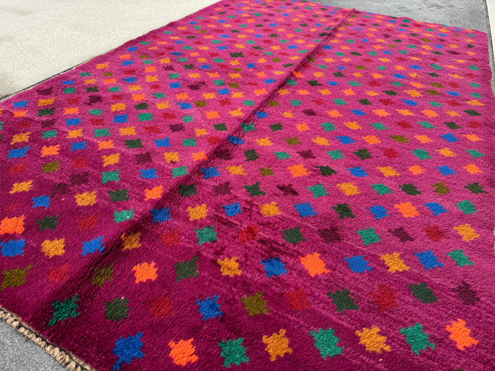 4x6 Handmade Vintage Afghan Baluch Rug | Magenta Purple Rust Red Burnt Orange Mustard Yellow Olive Green Aqua Blue Teal | Wool Flatwoven