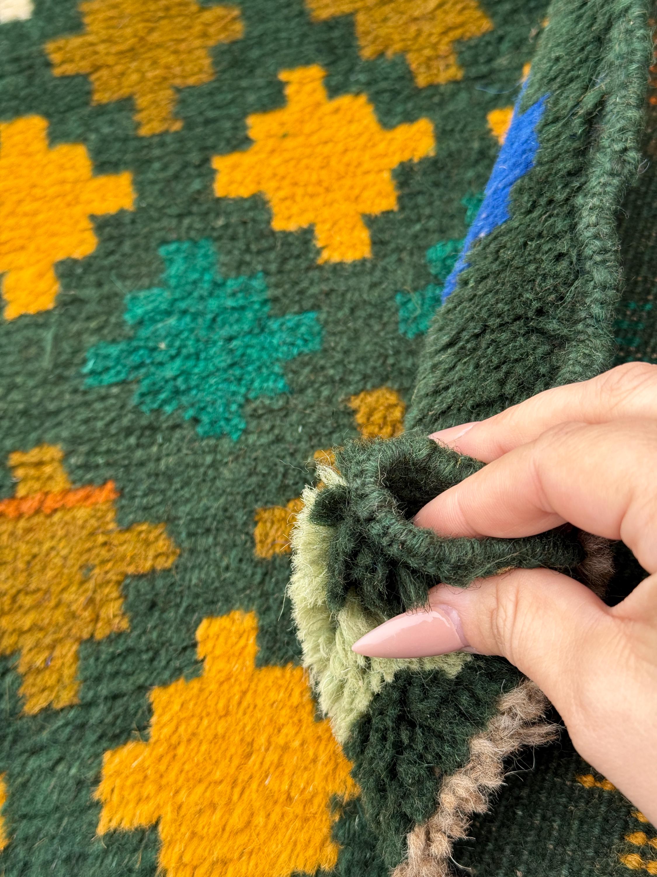 4x6 Handmade Vintage Afghan Baluch Rug | Forest Green Mustard Yellow Cream White Rust Red Burnt Orange Olive Green Teal Aqua Blue | Wool