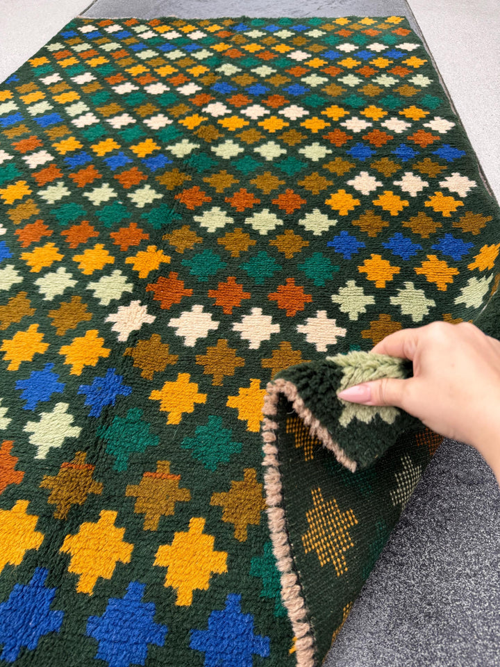 4x6 Handmade Vintage Afghan Baluch Rug | Forest Green Mustard Yellow Cream White Rust Red Burnt Orange Olive Green Teal Aqua Blue | Wool