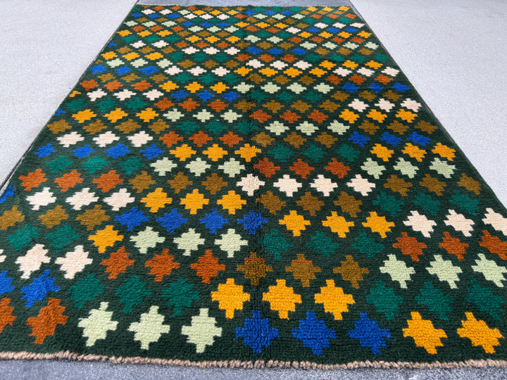 4x6 Handmade Vintage Afghan Baluch Rug | Forest Green Mustard Yellow Cream White Rust Red Burnt Orange Olive Green Teal Aqua Blue | Wool