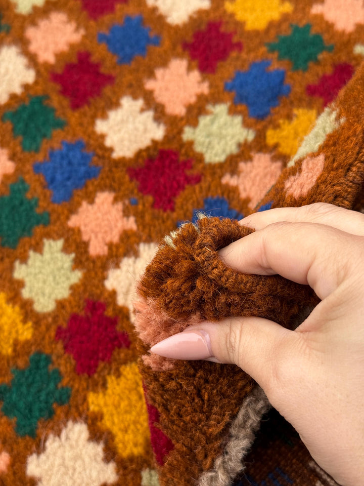 4x6 Handmade Vintage Afghan Baluch Rug | Copper Brown Rust Red Cream White Mustard Yellow Olive Green Teal Aqua Blue Navy Peach | Wool