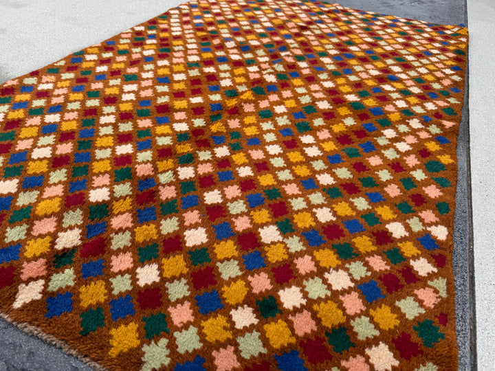 4x6 Handmade Vintage Afghan Baluch Rug | Copper Brown Rust Red Cream White Mustard Yellow Olive Green Teal Aqua Blue Navy Peach | Wool