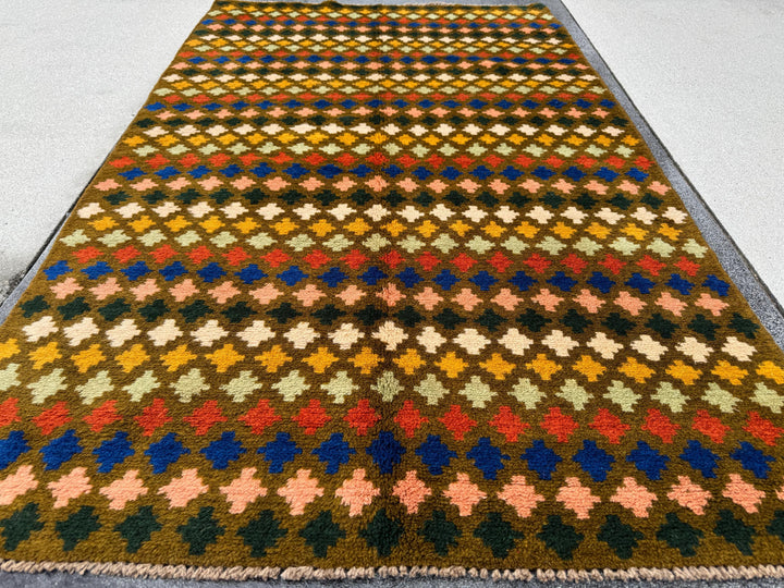 4x6 Handmade Vintage Afghan Baluch Rug | Olive Green Mustard Yellow Cream Peach Red Blue Rust Brown | Wool Flatwoven