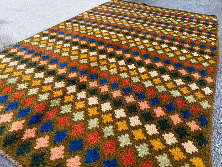 4x6 Handmade Vintage Afghan Baluch Rug | Olive Green Mustard Yellow Cream Peach Red Blue Rust Brown | Wool Flatwoven