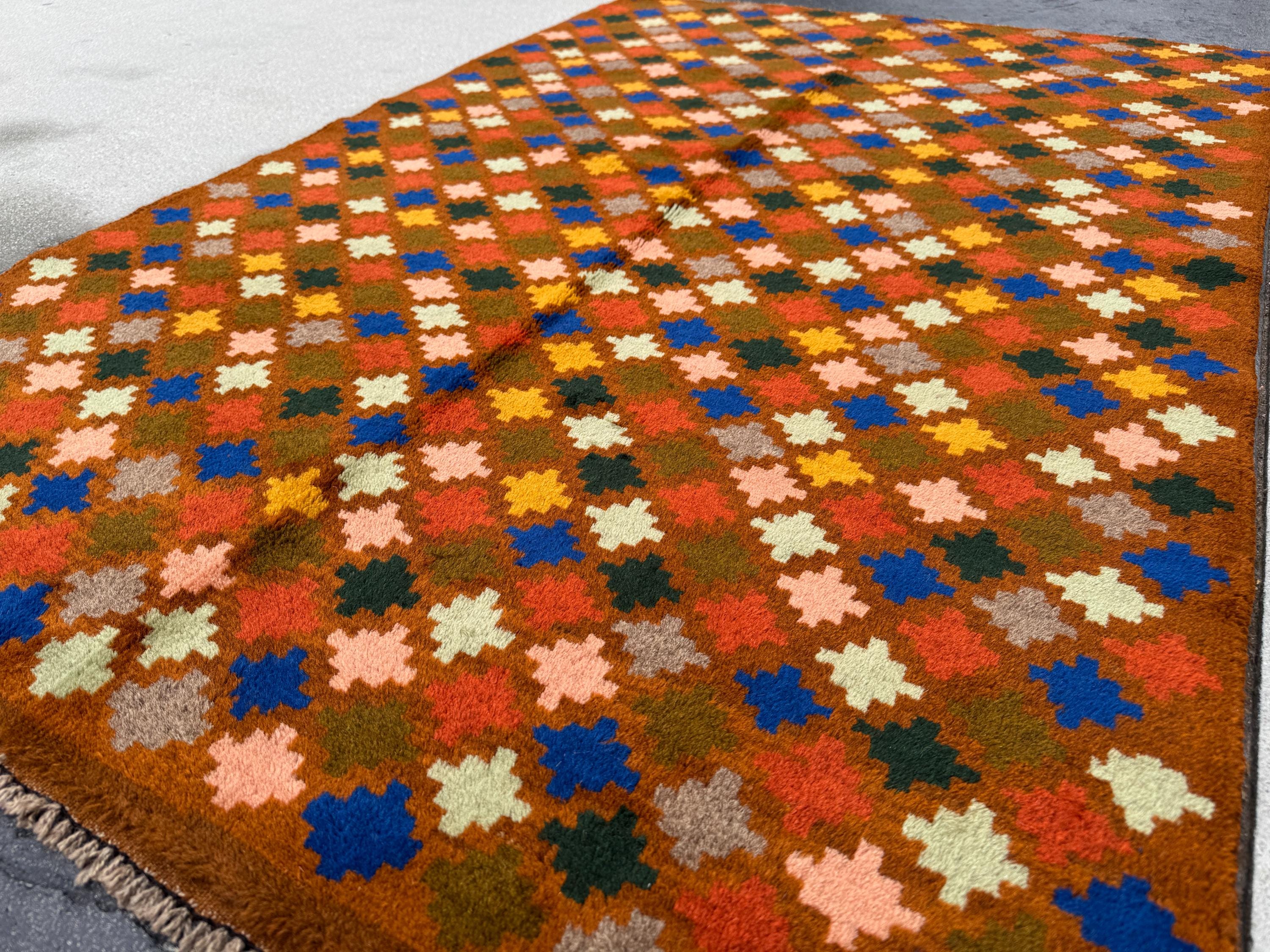 4x6 Handmade Vintage Afghan Baluch Rug | Copper Brown Burnt Orange Rust Red Mustard Yellow Cream Peach Olive Green Navy Blue Grey | Wool