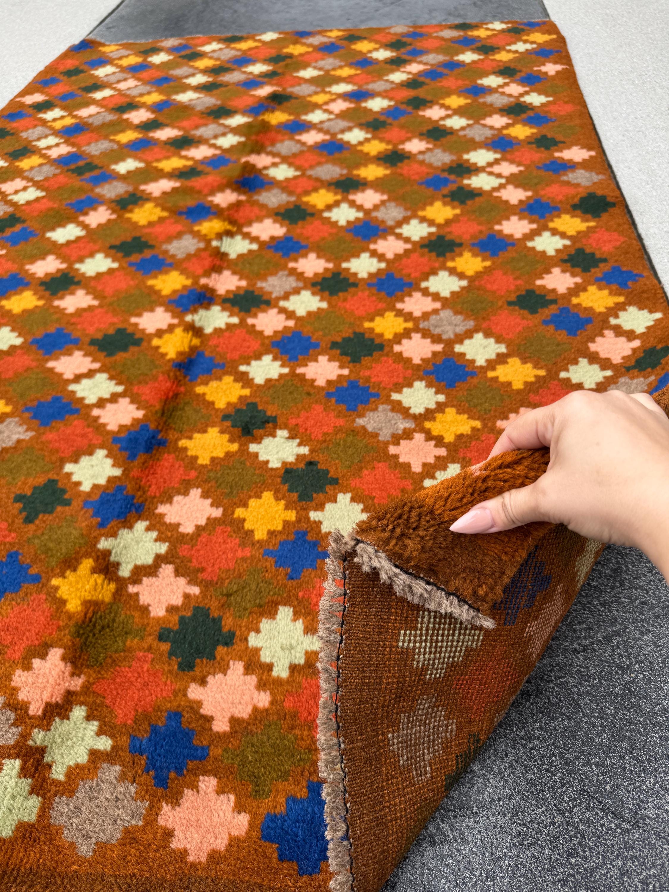 4x6 Handmade Vintage Afghan Baluch Rug | Copper Brown Burnt Orange Rust Red Mustard Yellow Cream Peach Olive Green Navy Blue Grey | Wool