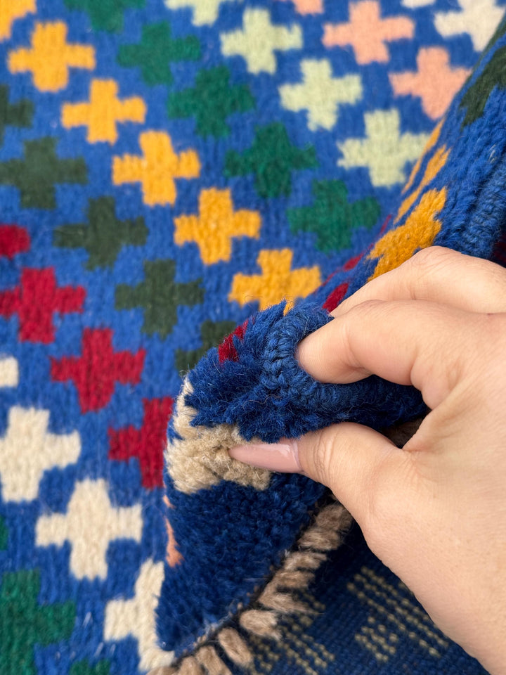 4x6 Handmade Vintage Afghan Baluch Rug | Royal Blue Rust Red Green Mustard Yellow Cream Pink Peach White Olive Navy | Wool Flatwoven