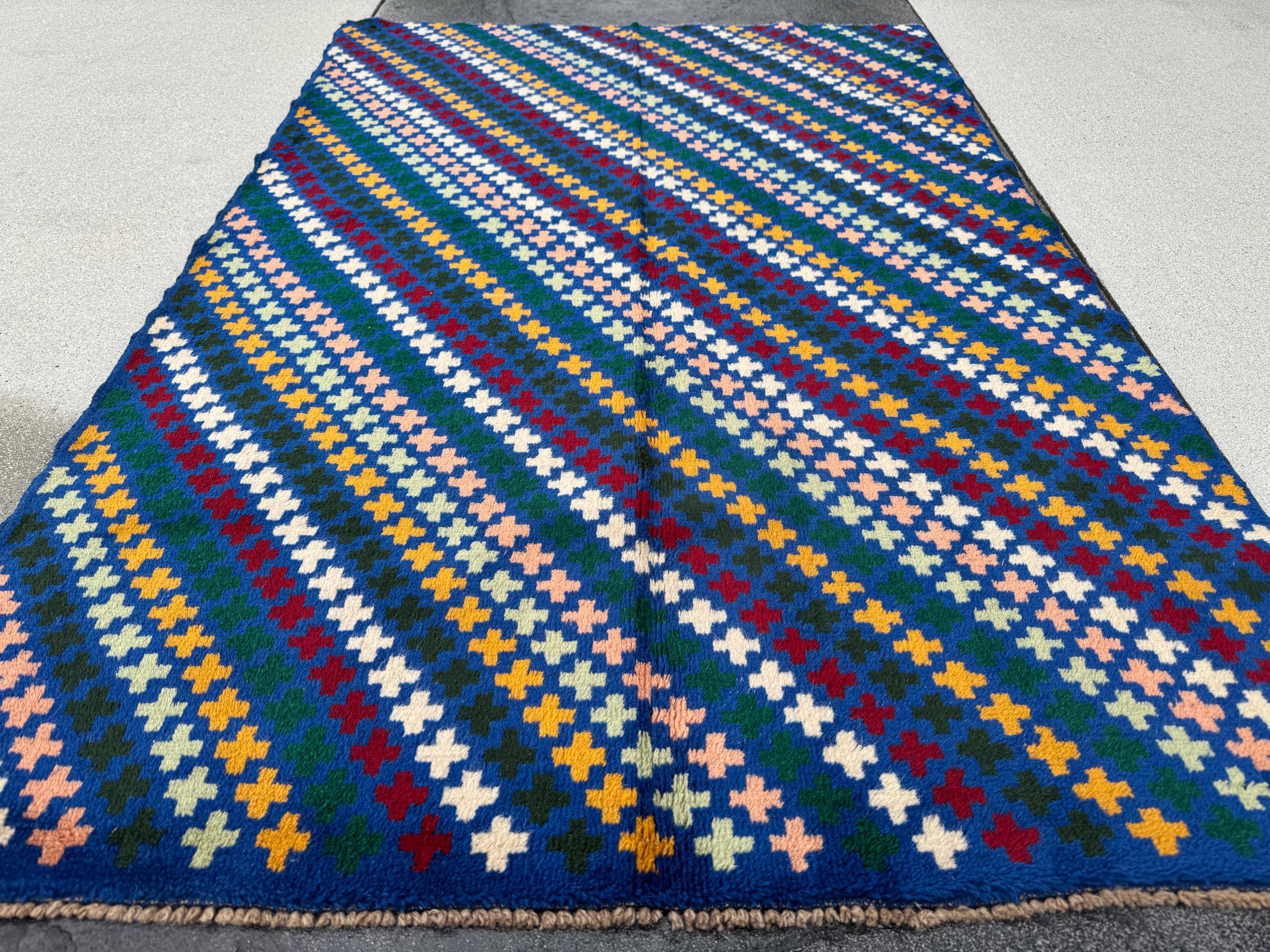 4x6 Handmade Vintage Afghan Baluch Rug | Royal Blue Rust Red Green Mustard Yellow Cream Pink Peach White Olive Navy | Wool Flatwoven