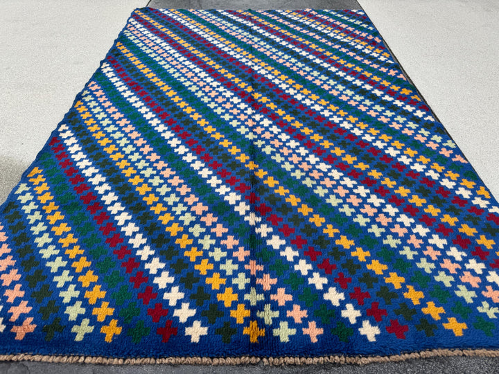 4x6 Handmade Vintage Afghan Baluch Rug | Royal Blue Rust Red Green Mustard Yellow Cream Pink Peach White Olive Navy | Wool Flatwoven