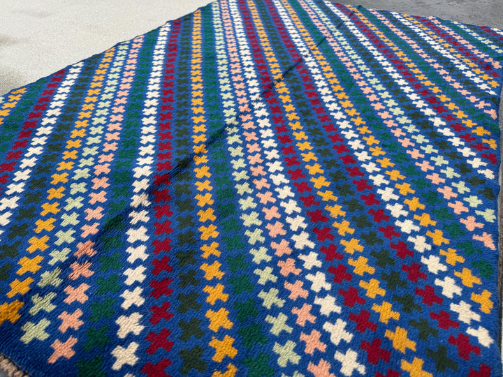 4x6 Handmade Vintage Afghan Baluch Rug | Royal Blue Rust Red Green Mustard Yellow Cream Pink Peach White Olive Navy | Wool Flatwoven