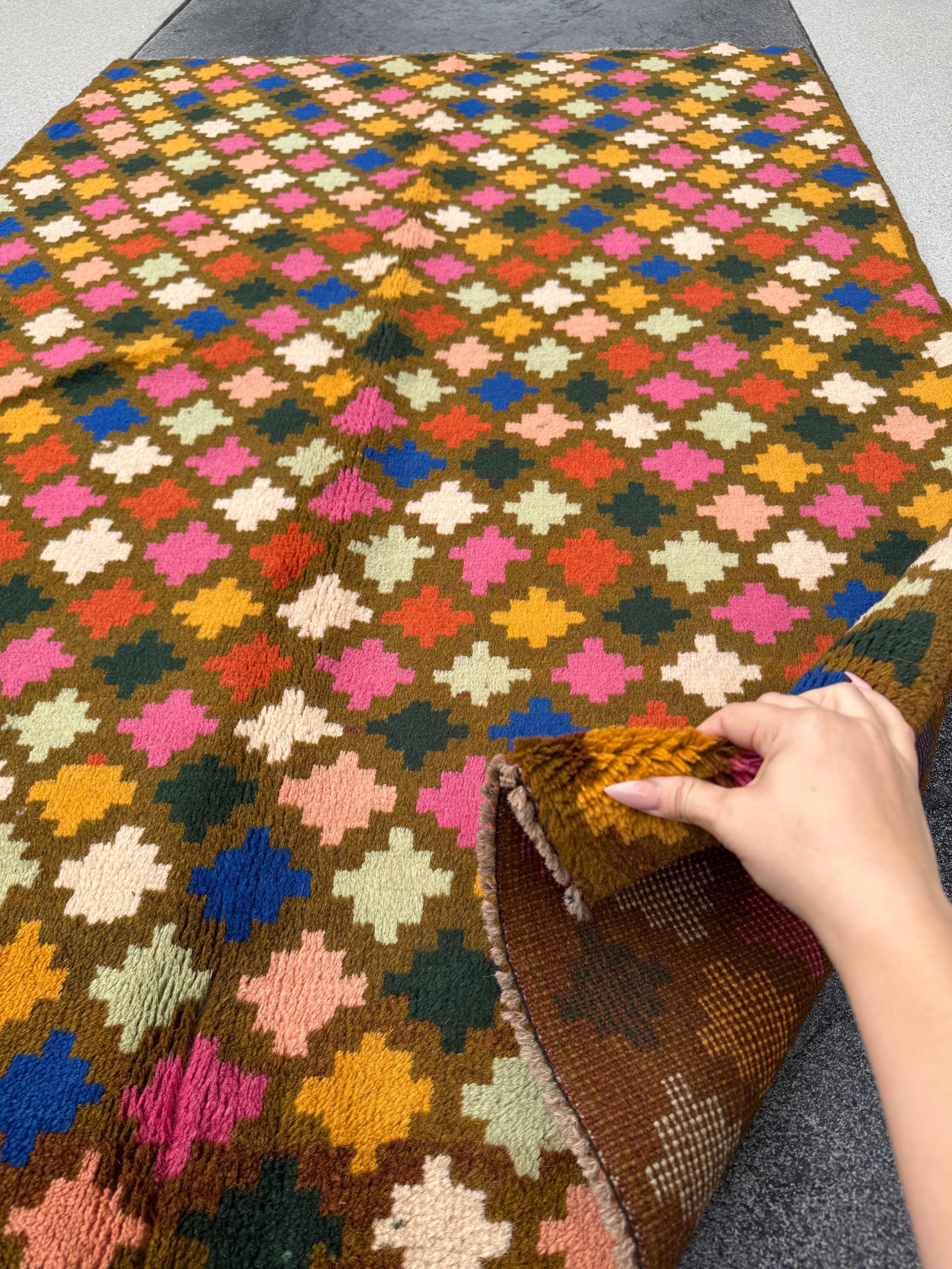 4x6 Handmade Vintage Afghan Baluch Rug | Olive Pine Green Mustard Yellow Rust Red Cream Peach Rose Pink Navy Blue Burnt Orange | Wool