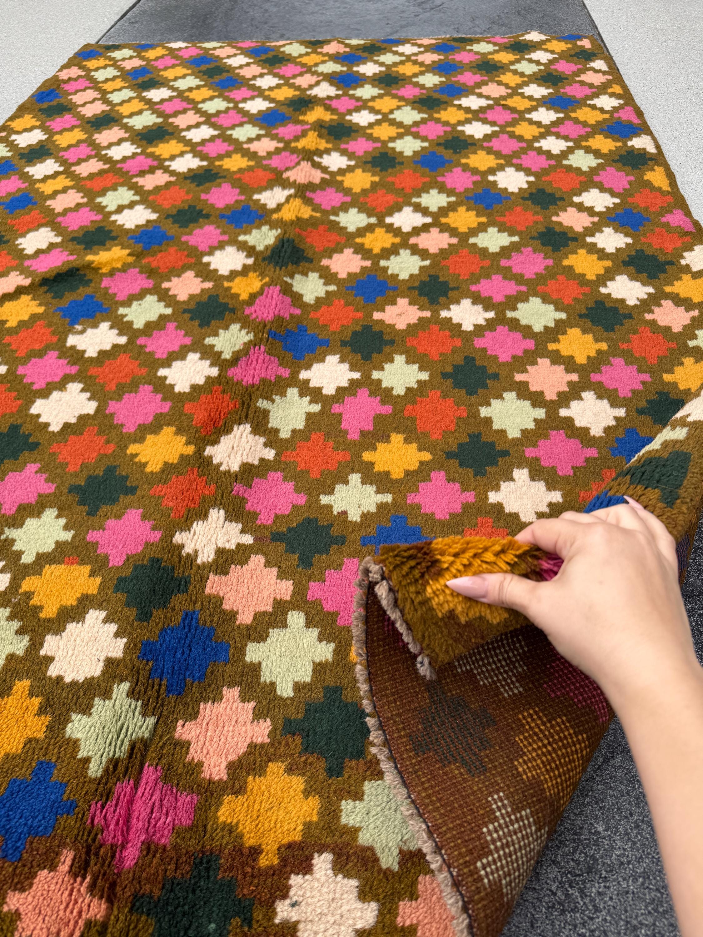 4x6 Handmade Vintage Afghan Baluch Rug | Olive Pine Green Mustard Yellow Rust Red Cream Peach Rose Pink Navy Blue Burnt Orange | Wool
