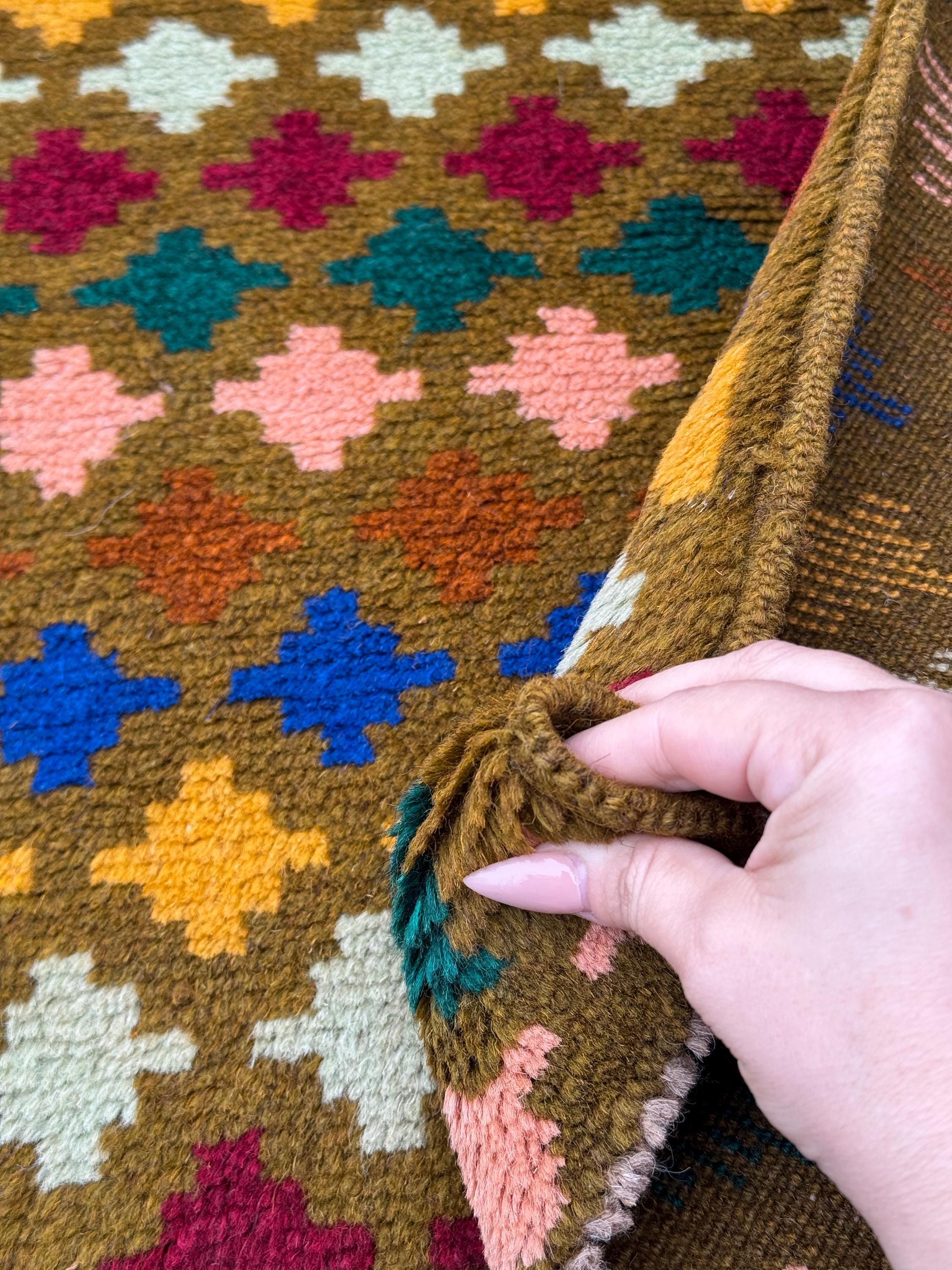 4x6 Handmade Vintage Afghan Baluch Rug | Copper Brown Mustard Yellow Rust Red Cream Peach Forest Mint Green Navy Blue Burnt Orange | Wool