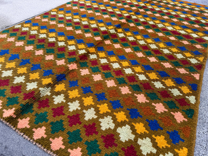 4x6 Handmade Vintage Afghan Baluch Rug | Copper Brown Mustard Yellow Rust Red Cream Peach Forest Mint Green Navy Blue Burnt Orange | Wool