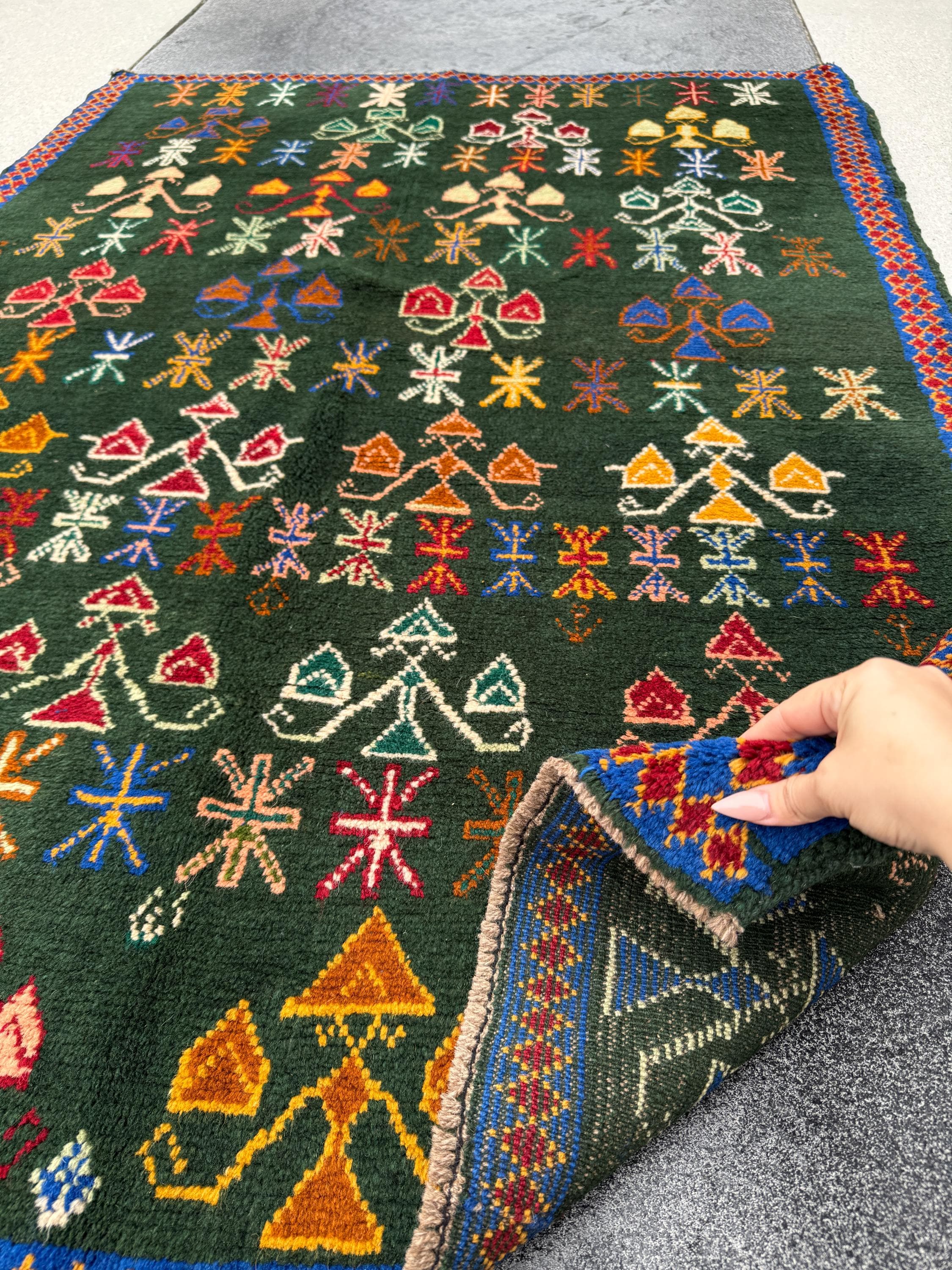 4x6 Handmade Vintage Afghan Baluch Rug | Olive Mint Green Mustard Yellow Rust Red Cream White Teal Navy Blue Navy Purple Orange Peach | Wool
