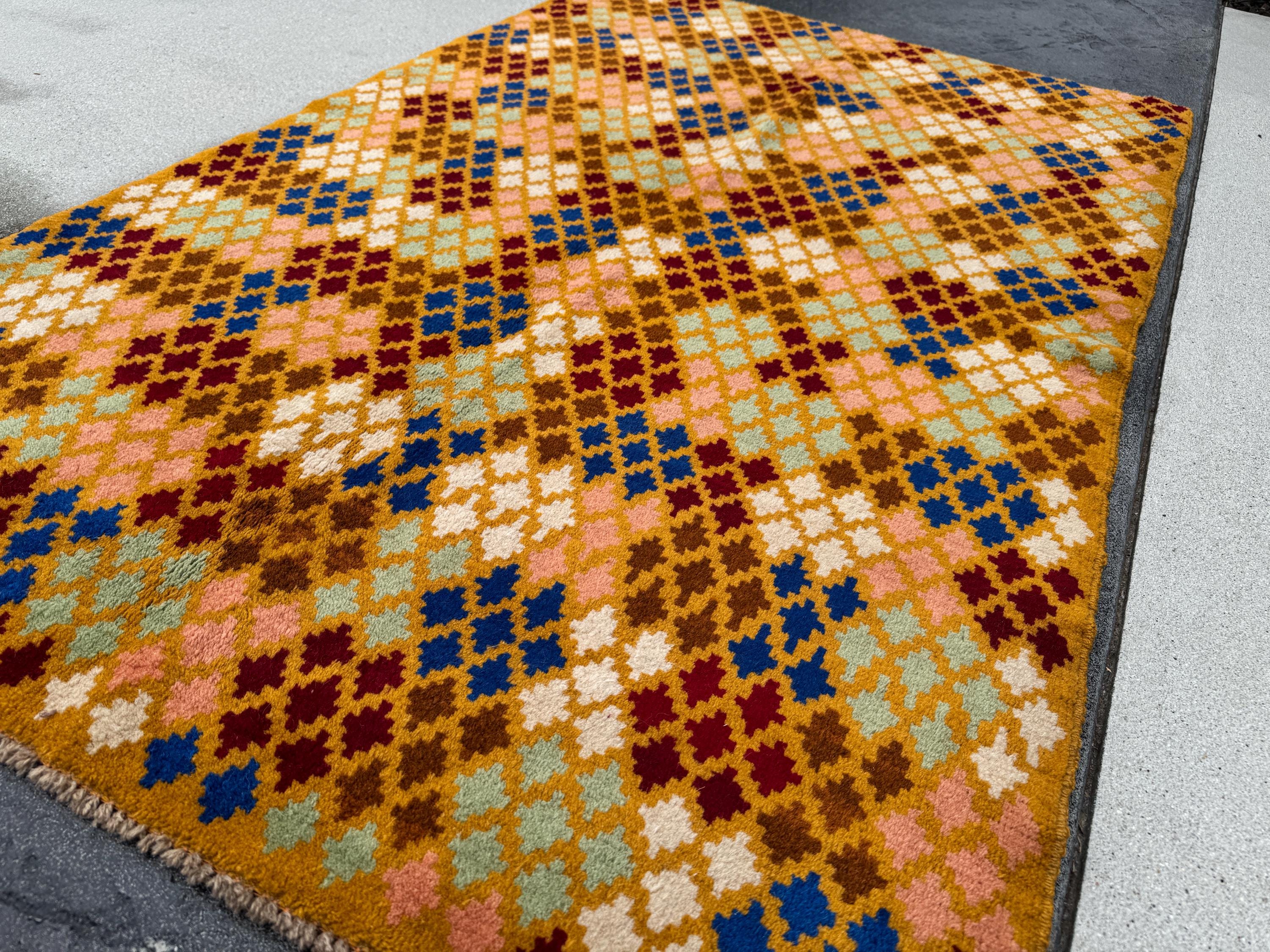 4x6 Handmade Vintage Afghan Baluch Rug | Mustard Yellow Copper Brown Cream Peach Rust Red Olive Mint Green Teal Navy Blue | Wool Flatwoven