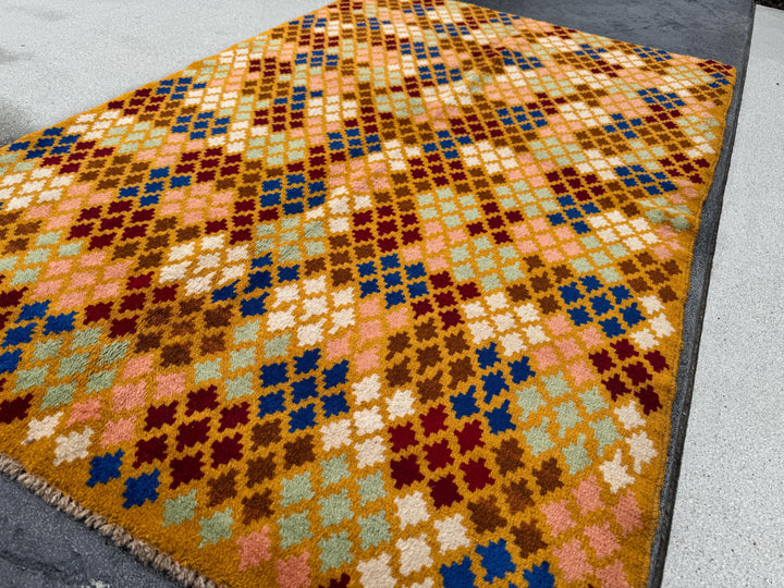 4x6 Handmade Vintage Afghan Baluch Rug | Mustard Yellow Copper Brown Cream Peach Rust Red Olive Mint Green Teal Navy Blue | Wool Flatwoven