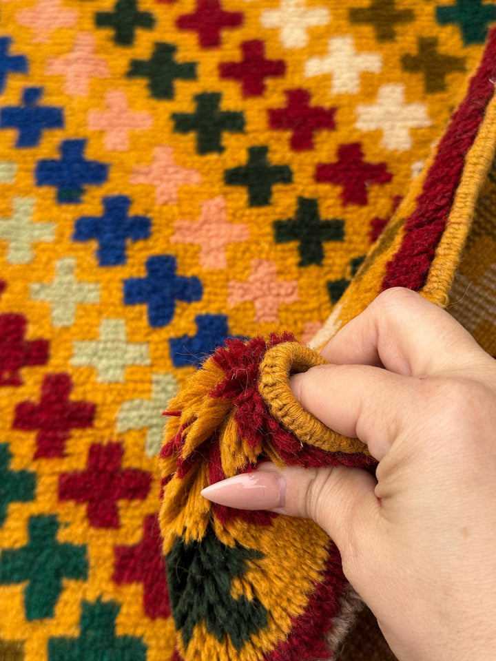 4x6 Handmade Vintage Afghan Baluch Rug | Mustard Yellow Copper Brown Cream Peach Rust Red Forest Olive Mint Green Navy Blue | Wool Flatwoven