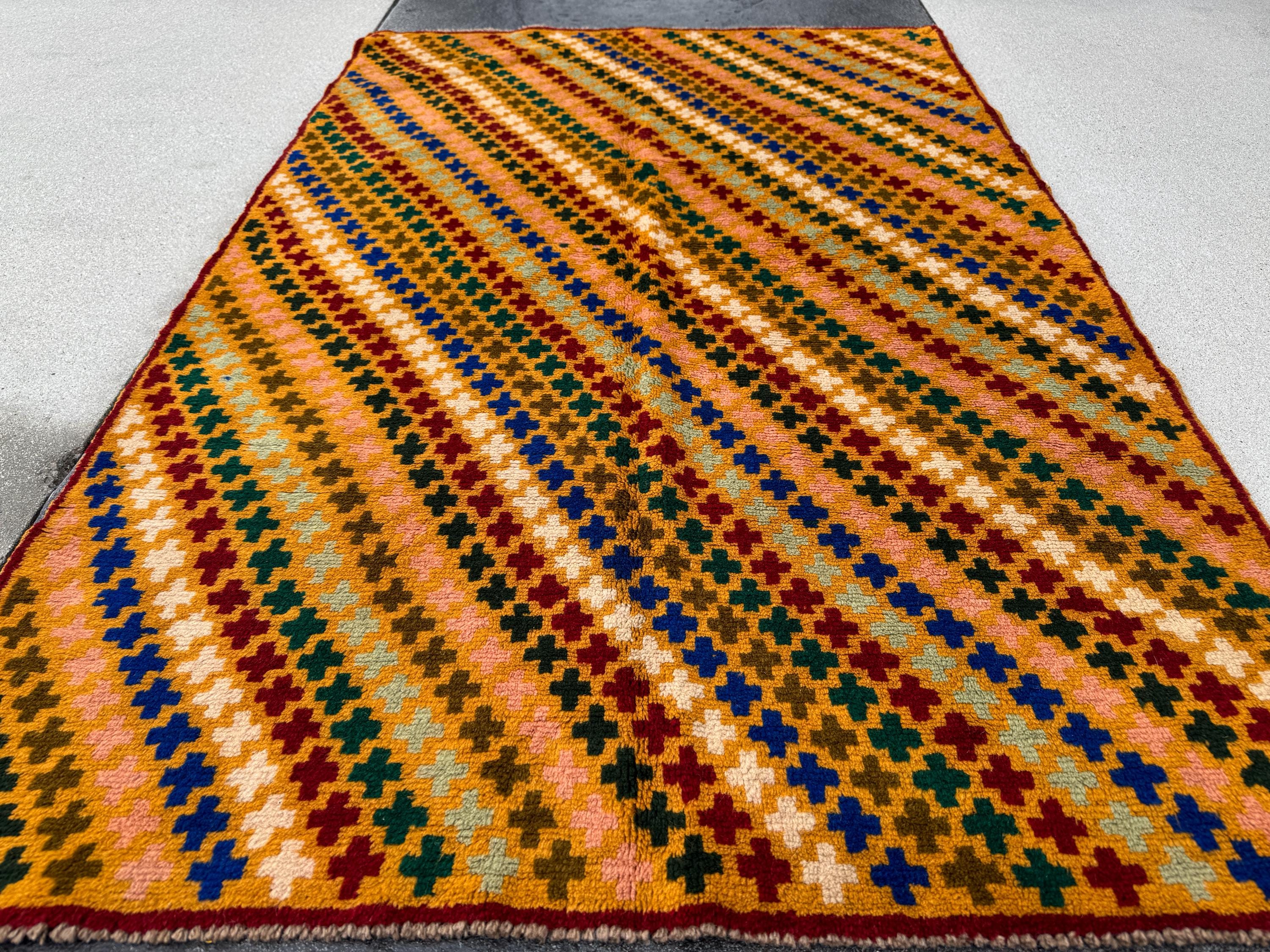 4x6 Handmade Vintage Afghan Baluch Rug | Mustard Yellow Copper Brown Cream Peach Rust Red Forest Olive Mint Green Navy Blue | Wool Flatwoven