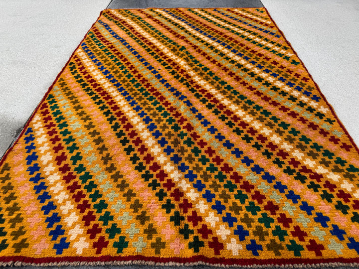 4x6 Handmade Vintage Afghan Baluch Rug | Mustard Yellow Copper Brown Cream Peach Rust Red Forest Olive Mint Green Navy Blue | Wool Flatwoven