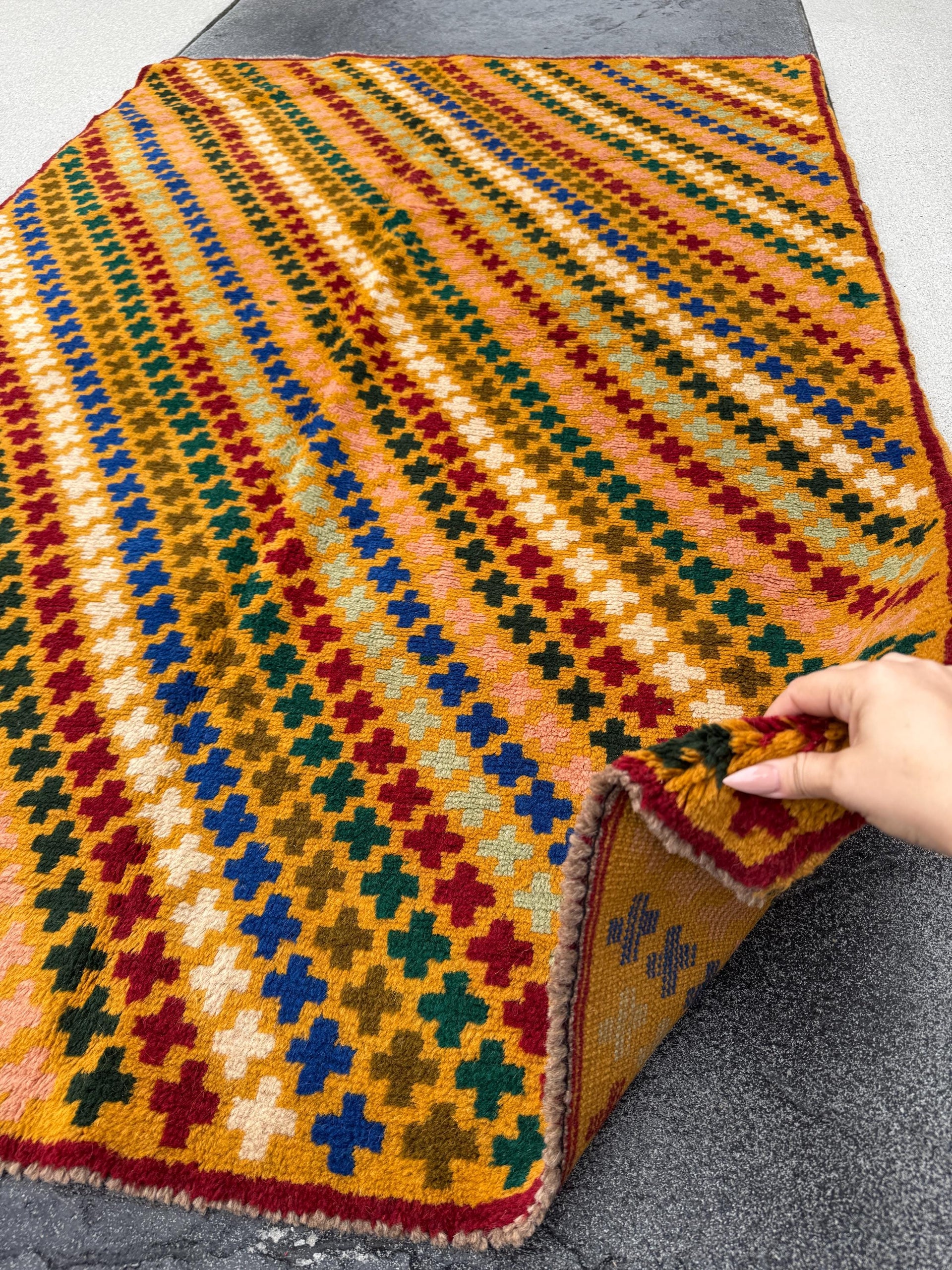 4x6 Handmade Vintage Afghan Baluch Rug | Mustard Yellow Copper Brown Cream Peach Rust Red Forest Olive Mint Green Navy Blue | Wool Flatwoven