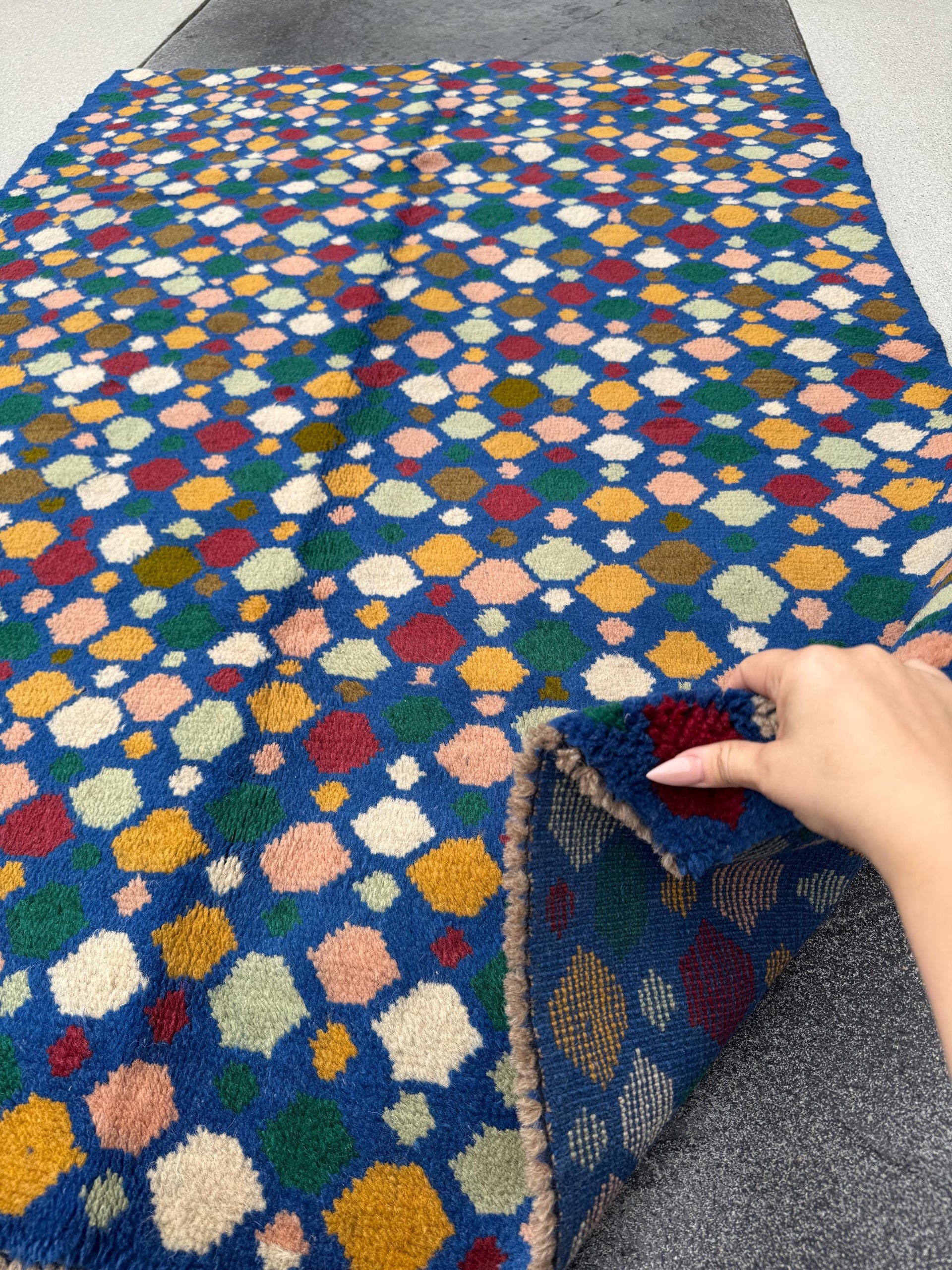 4x6 Handmade Vintage Afghan Baluch Rug | Royal Blue Cream Mustard Yellow Rust Red Olive Mint Forest Green Peach Aqua White | Wool Flatwoven