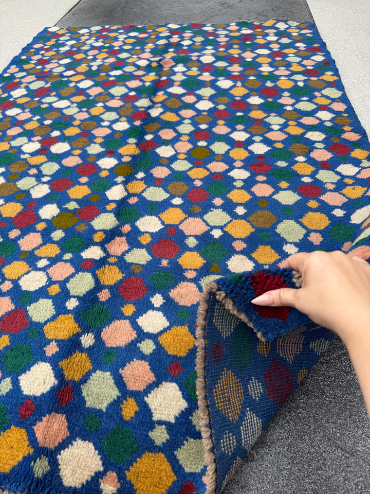 4x6 Handmade Vintage Afghan Baluch Rug | Royal Blue Cream Mustard Yellow Rust Red Olive Mint Forest Green Peach Aqua White | Wool Flatwoven