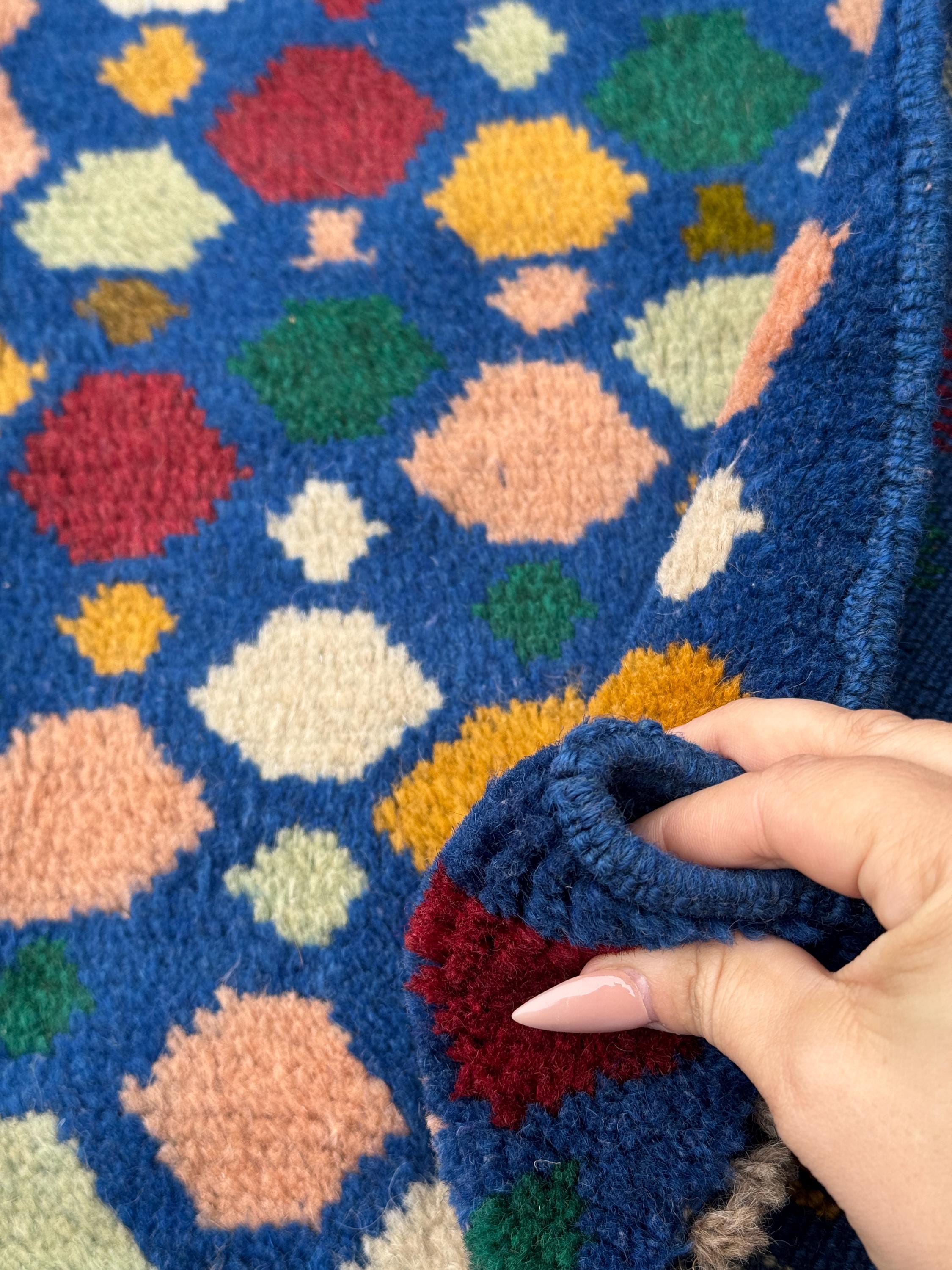 4x6 Handmade Vintage Afghan Baluch Rug | Royal Blue Cream Mustard Yellow Rust Red Olive Mint Forest Green Peach Aqua White | Wool Flatwoven