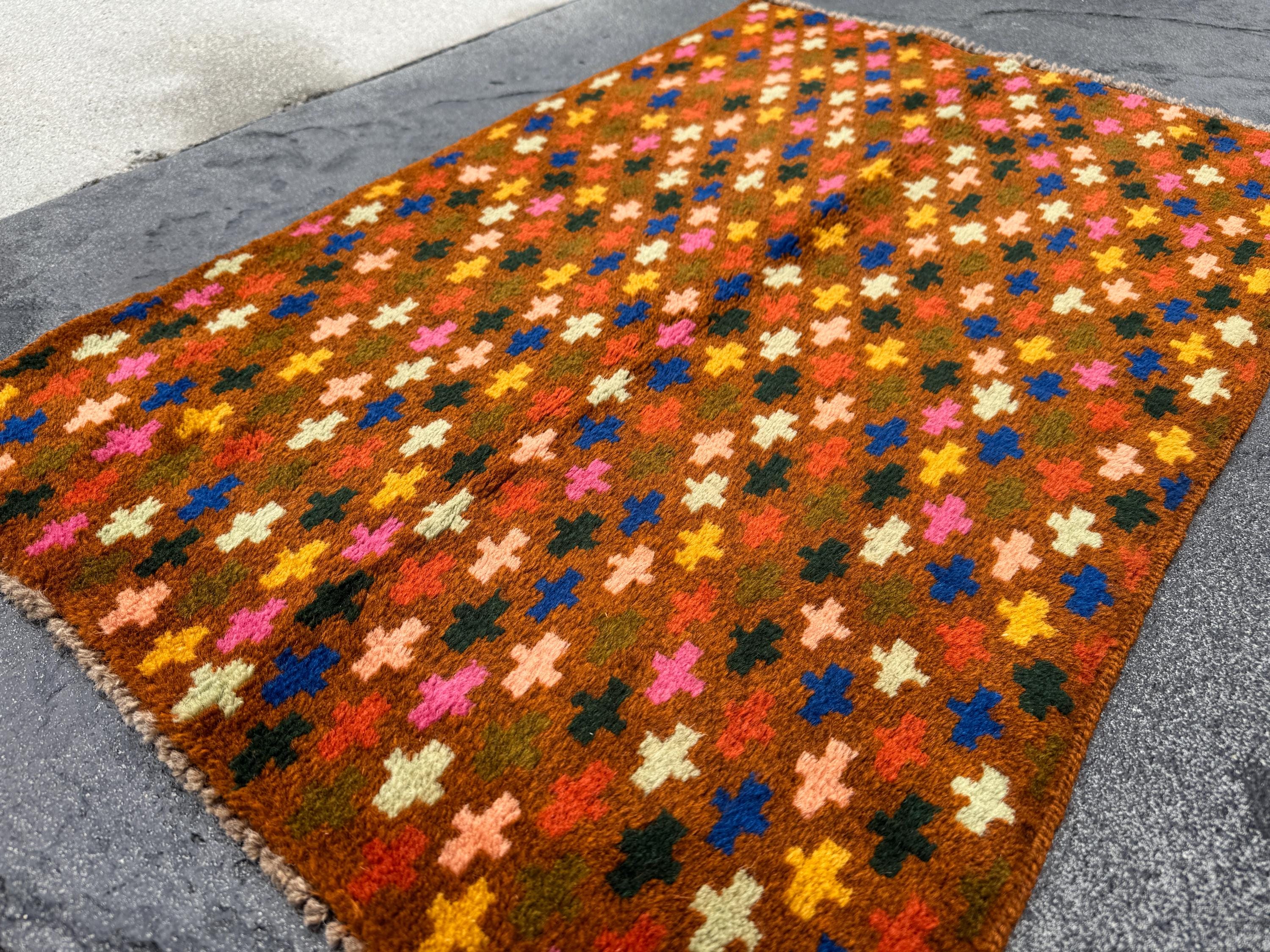 2x3 Handmade Vintage Afghan Baluch Rug | Copper Brown Pine Olive MInt Green Peach Pink BUrnt Orange Mustard Yellow Navy Blue | Rust Accent
