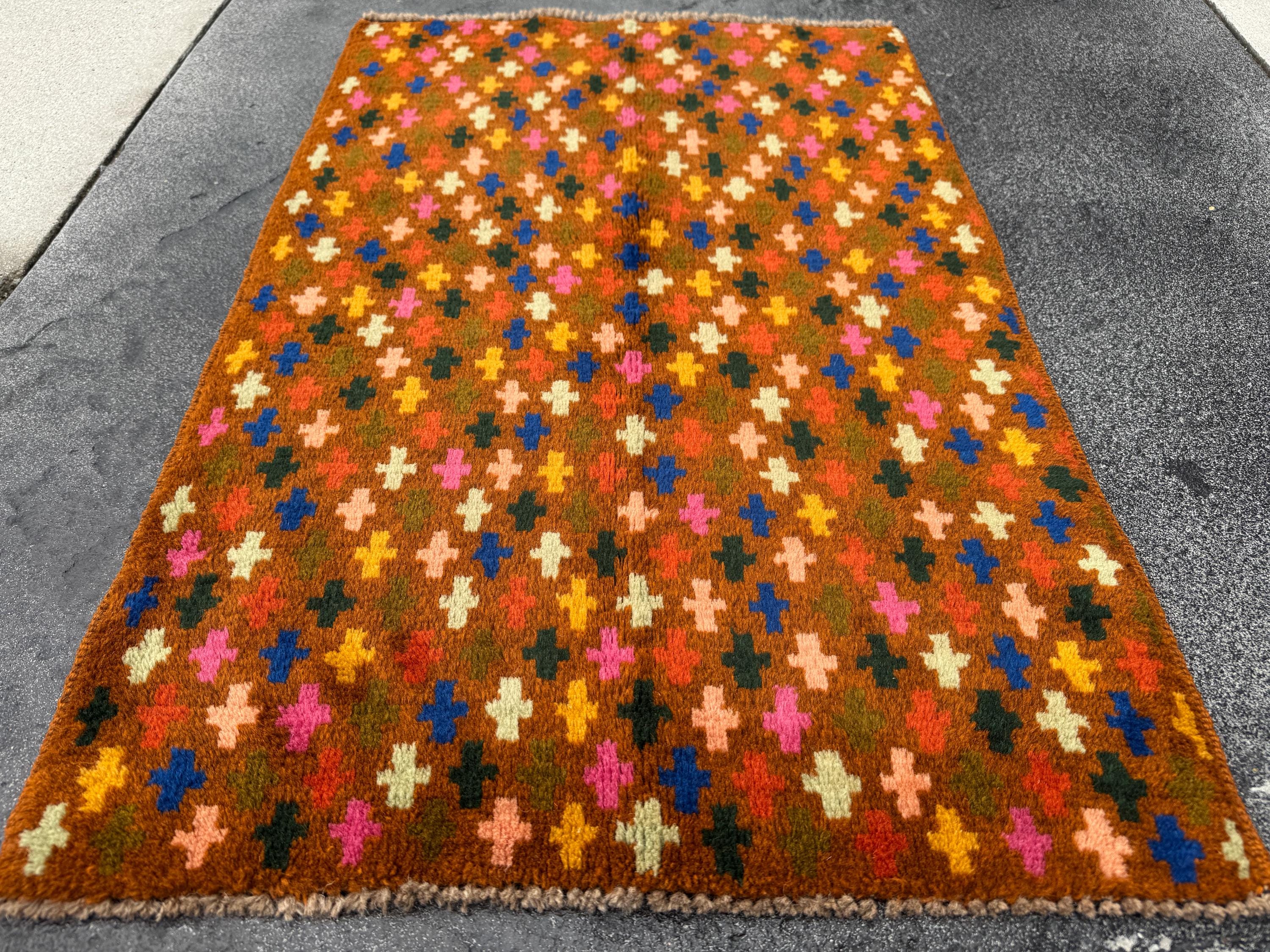2x3 Handmade Vintage Afghan Baluch Rug | Copper Brown Pine Olive MInt Green Peach Pink BUrnt Orange Mustard Yellow Navy Blue | Rust Accent