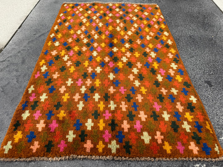 2x3 Handmade Vintage Afghan Baluch Rug | Copper Brown Pine Olive MInt Green Peach Pink BUrnt Orange Mustard Yellow Navy Blue | Rust Accent