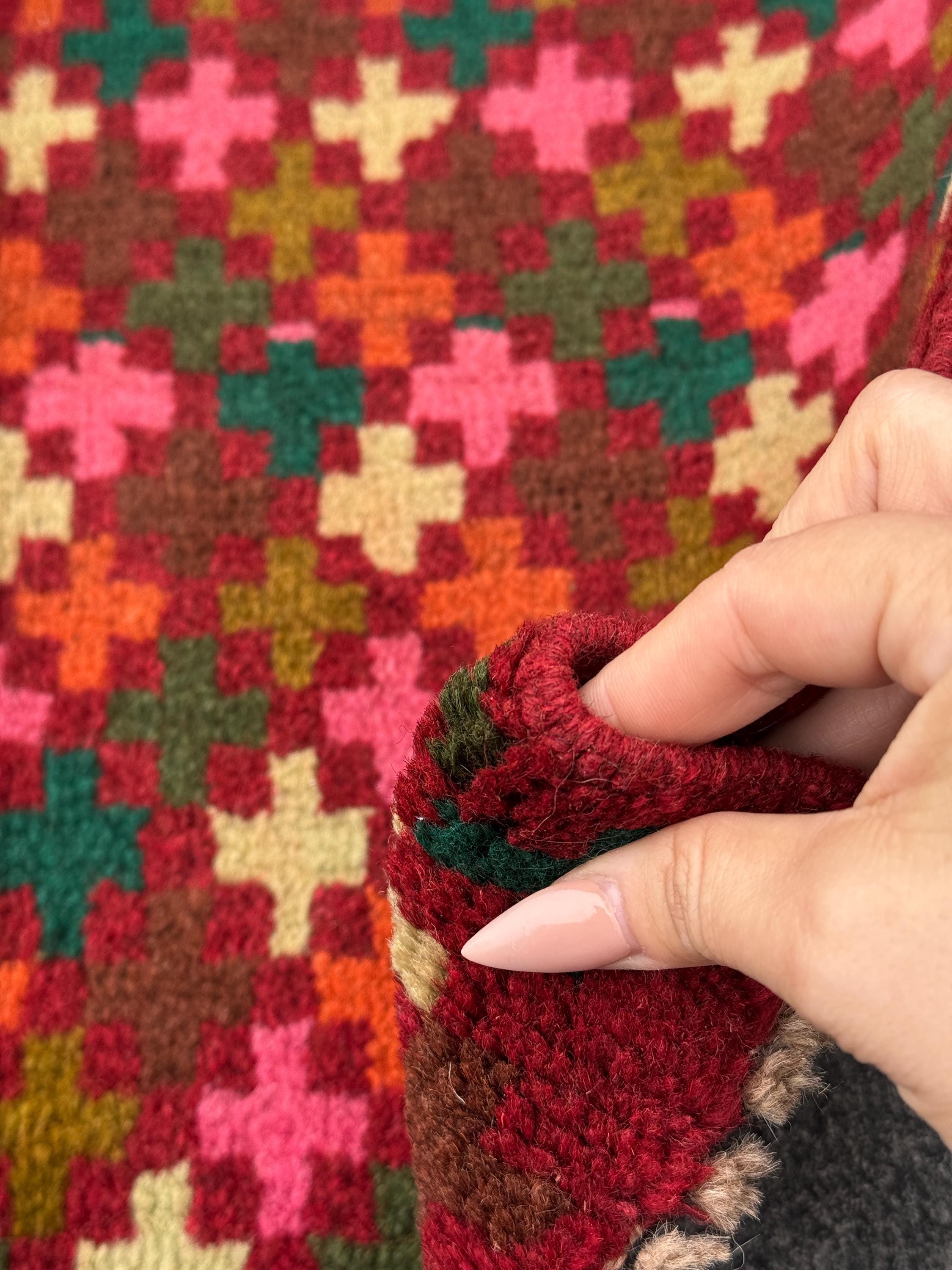 2x3 Handmade Vintage Afghan Baluch Rug | Rust Red Forest Olive Moss Green Burnt Oragne Cream White Pink Chocolate Mustard Yellow Royal Blue
