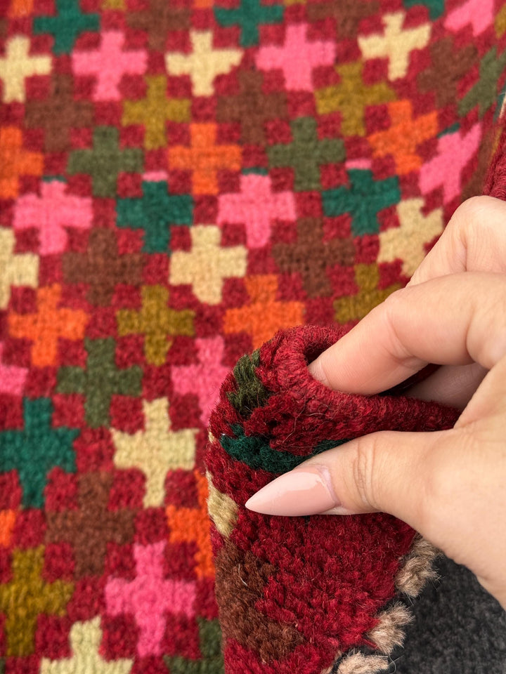 2x3 Handmade Vintage Afghan Baluch Rug | Rust Red Forest Olive Moss Green Burnt Oragne Cream White Pink Chocolate Mustard Yellow Royal Blue