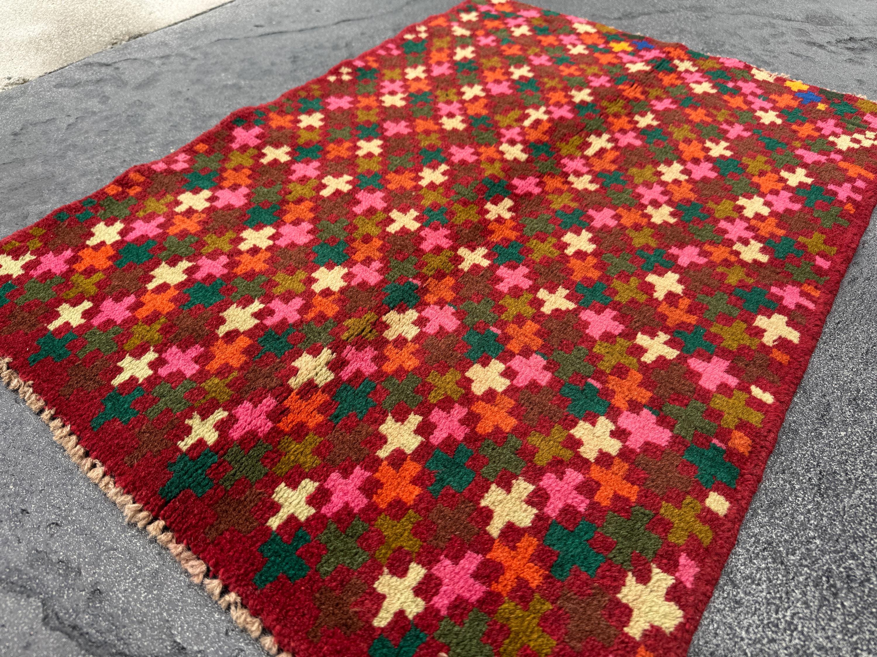 2x3 Handmade Vintage Afghan Baluch Rug | Rust Red Forest Olive Moss Green Burnt Oragne Cream White Pink Chocolate Mustard Yellow Royal Blue