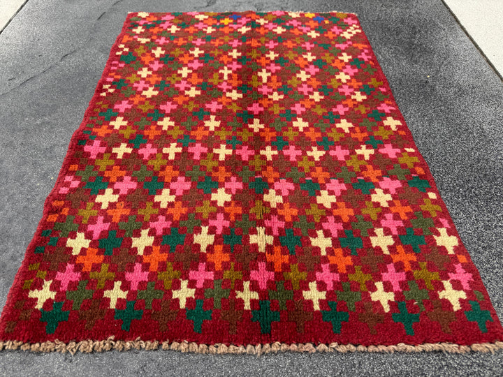 2x3 Handmade Vintage Afghan Baluch Rug | Rust Red Forest Olive Moss Green Burnt Oragne Cream White Pink Chocolate Mustard Yellow Royal Blue
