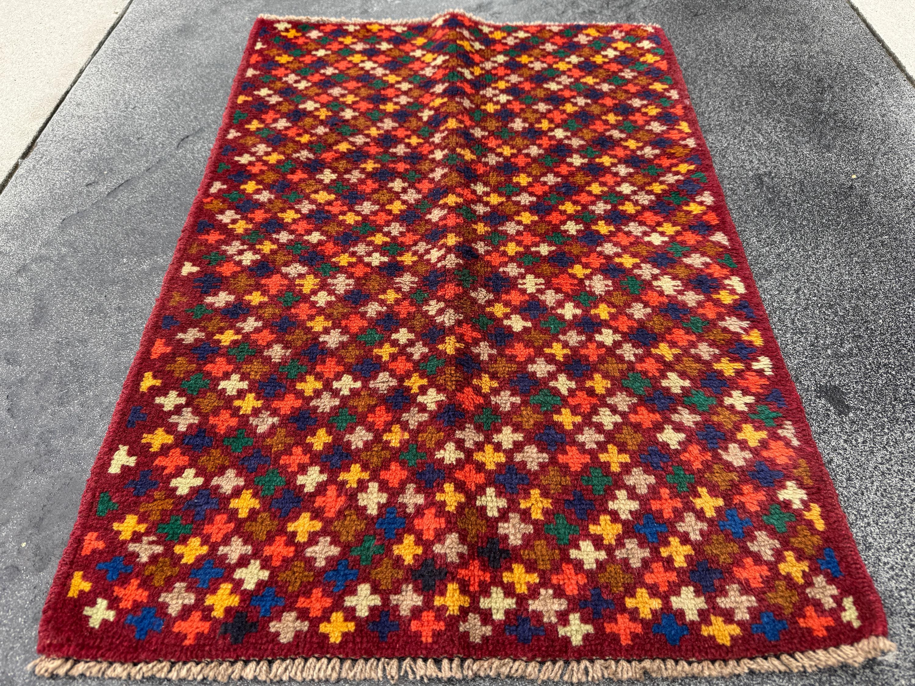 3x4 Handmade Vintage Afghan Baluch Rug | Rust Red Forest Green Mustard Yellow Royal Navy Blue Chocolate Tan Cream Brown Black Burnt Orange