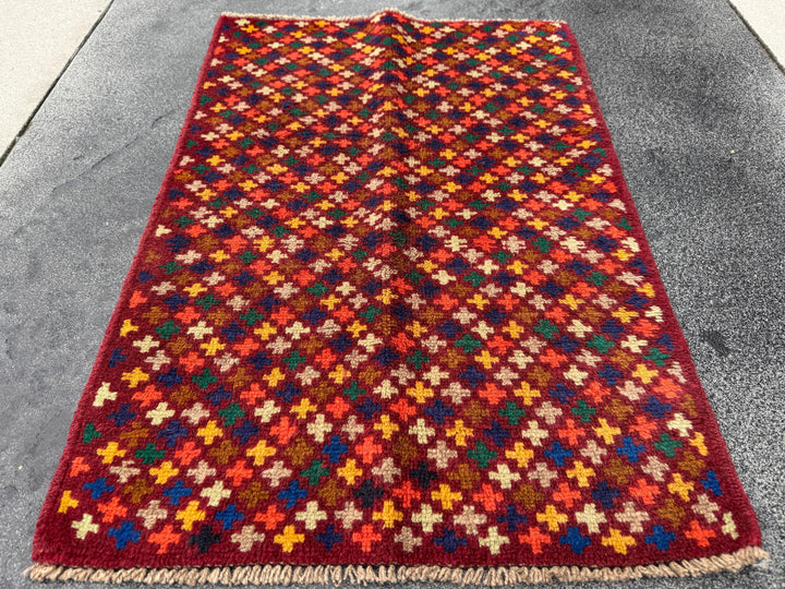 3x4 Handmade Vintage Afghan Baluch Rug | Rust Red Forest Green Mustard Yellow Royal Navy Blue Chocolate Tan Cream Brown Black Burnt Orange