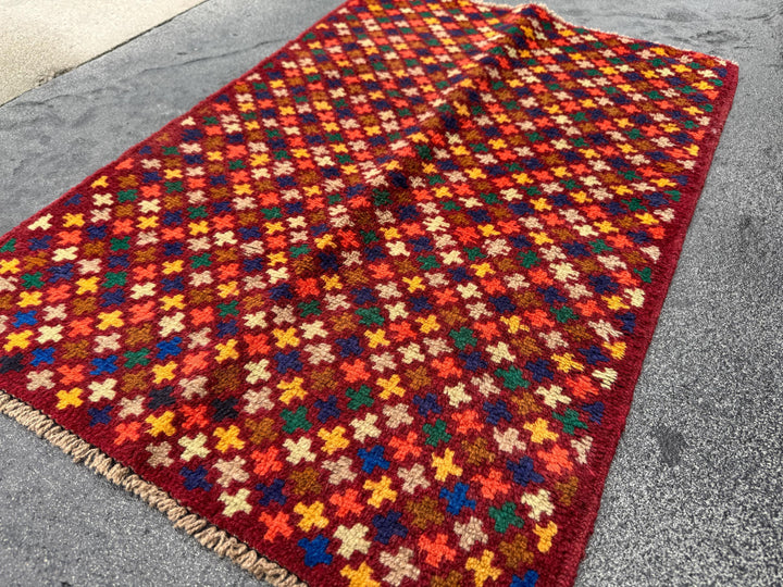 3x4 Handmade Vintage Afghan Baluch Rug | Rust Red Forest Green Mustard Yellow Royal Navy Blue Chocolate Tan Cream Brown Black Burnt Orange
