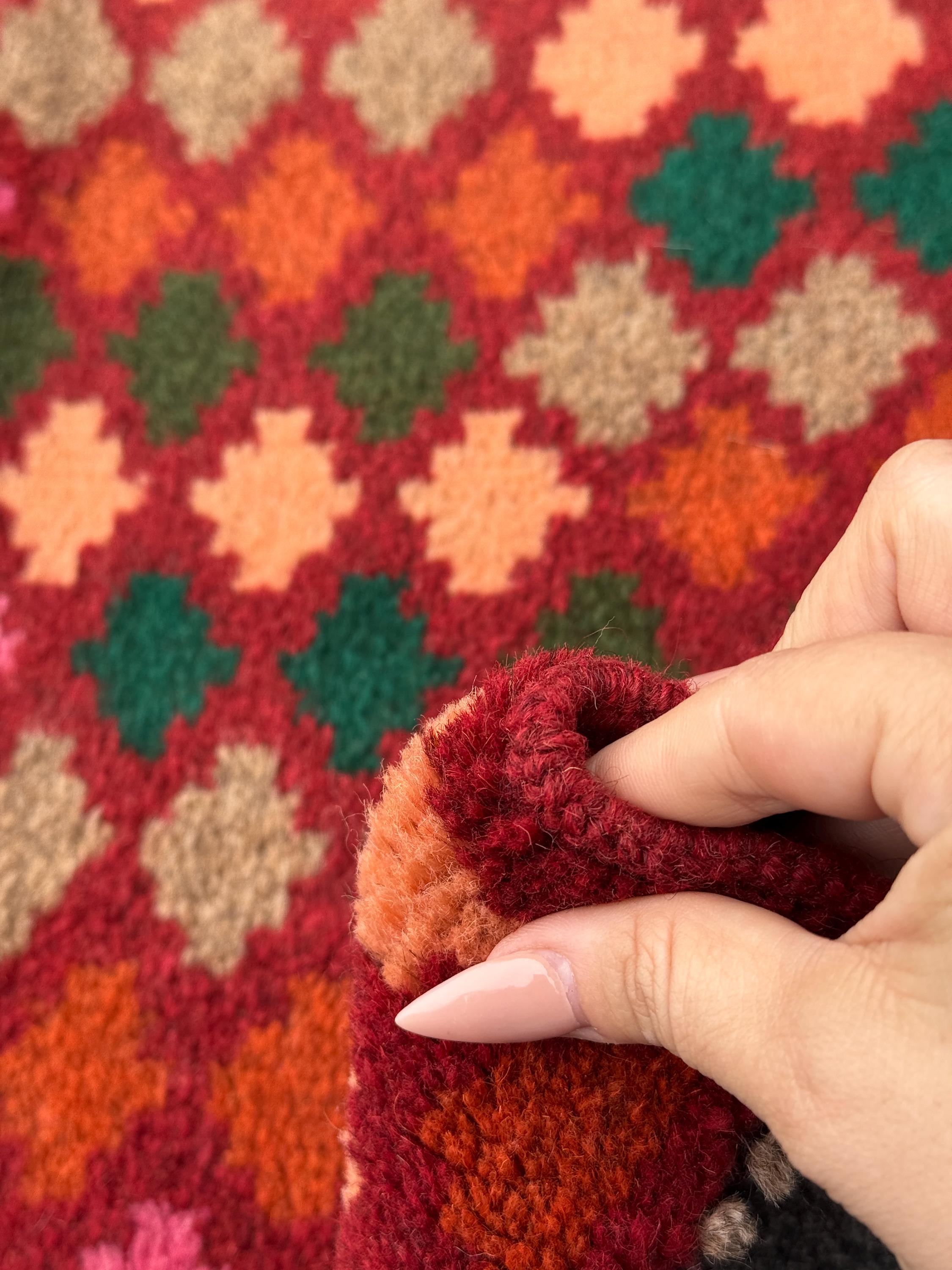 2x3 Handmade Vintage Afghan Baluch Rug | Rust Red Burnt Orange Pine Moss Green Peach Rose Pink Grey Copper Brown | Wool Geometric