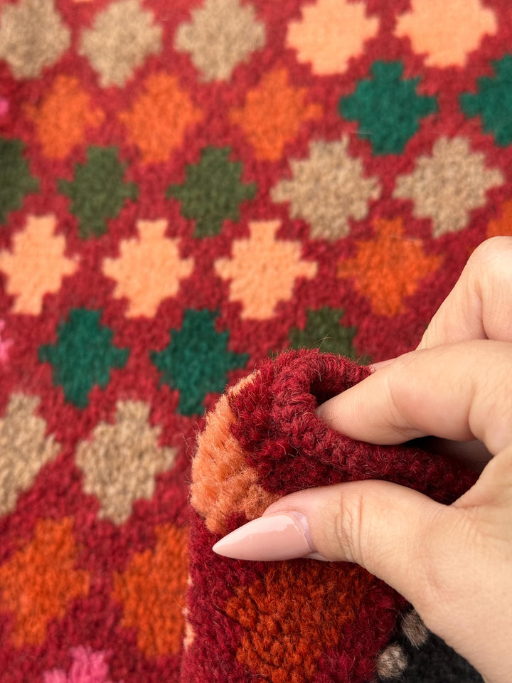 2x3 Handmade Vintage Afghan Baluch Rug | Rust Red Burnt Orange Pine Moss Green Peach Rose Pink Grey Copper Brown | Wool Geometric
